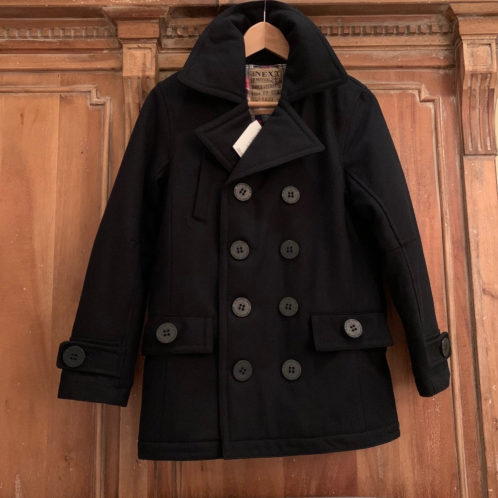 NEXT UK Boys Double Breasted Wool Blend Lined Peacoat Black Size 11 YRS